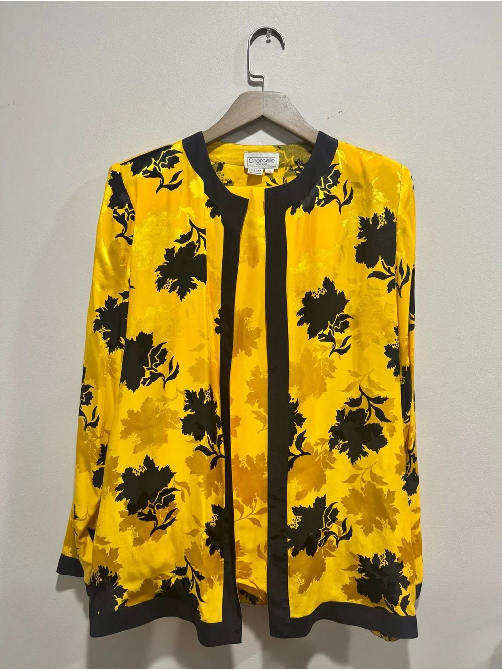 Vintage 100% Silk Yellow Floral Lounge Set Jacket Pants 14